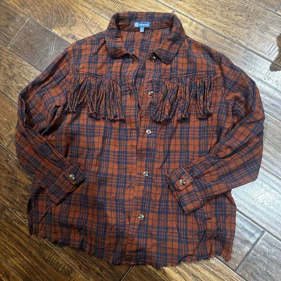 Democracy Jackets & Blazers - Democracy Country Western Plaid Shacket with Fringe in Rust Multi